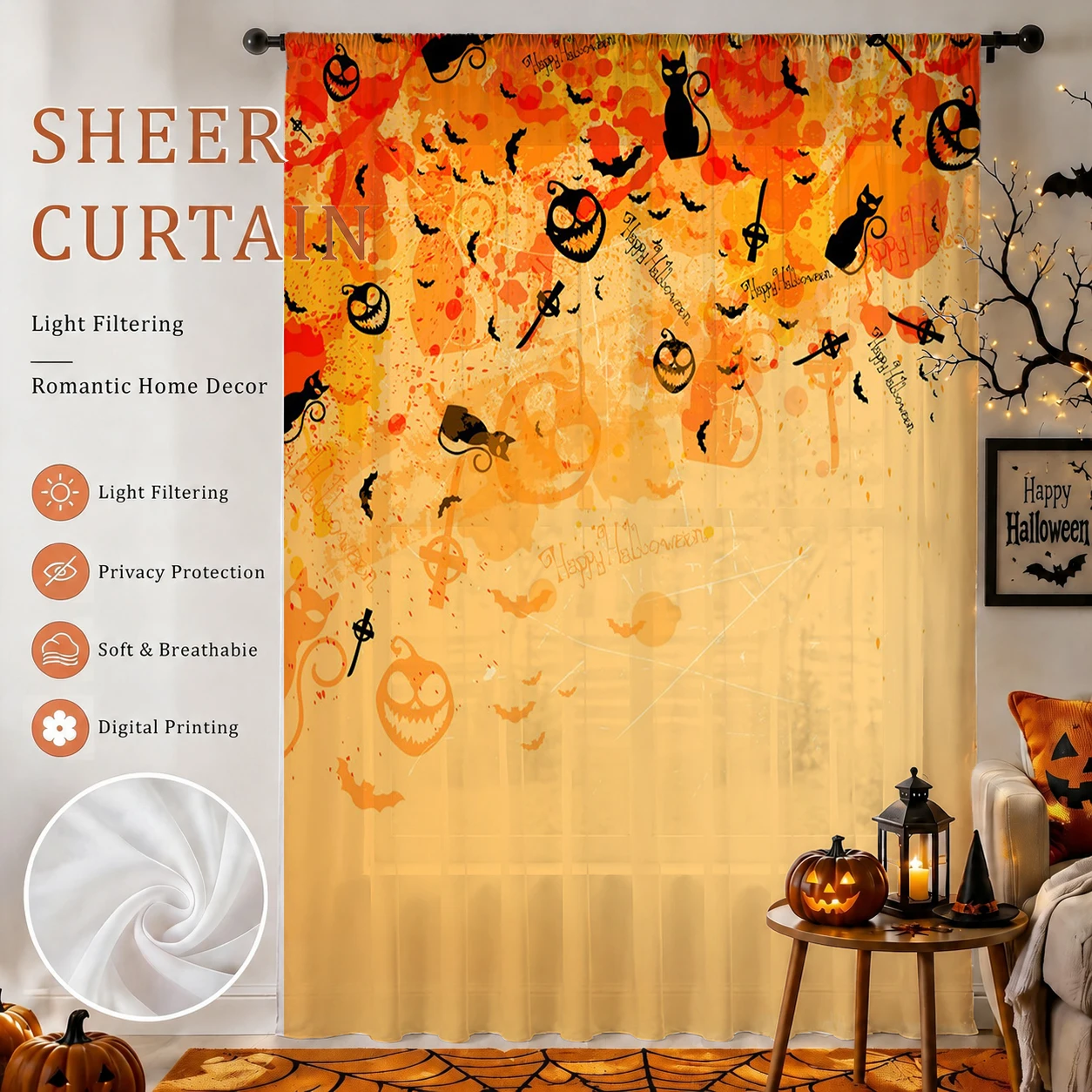 1Pc Spooky Halloween Sheer Cur - Curtain Rods ulasan dan harga