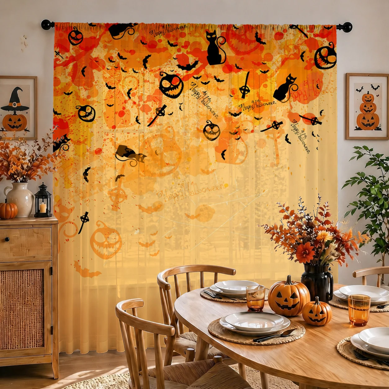 1Pc Spooky Halloween Sheer Cur - Curtain Rods ulasan dan harga