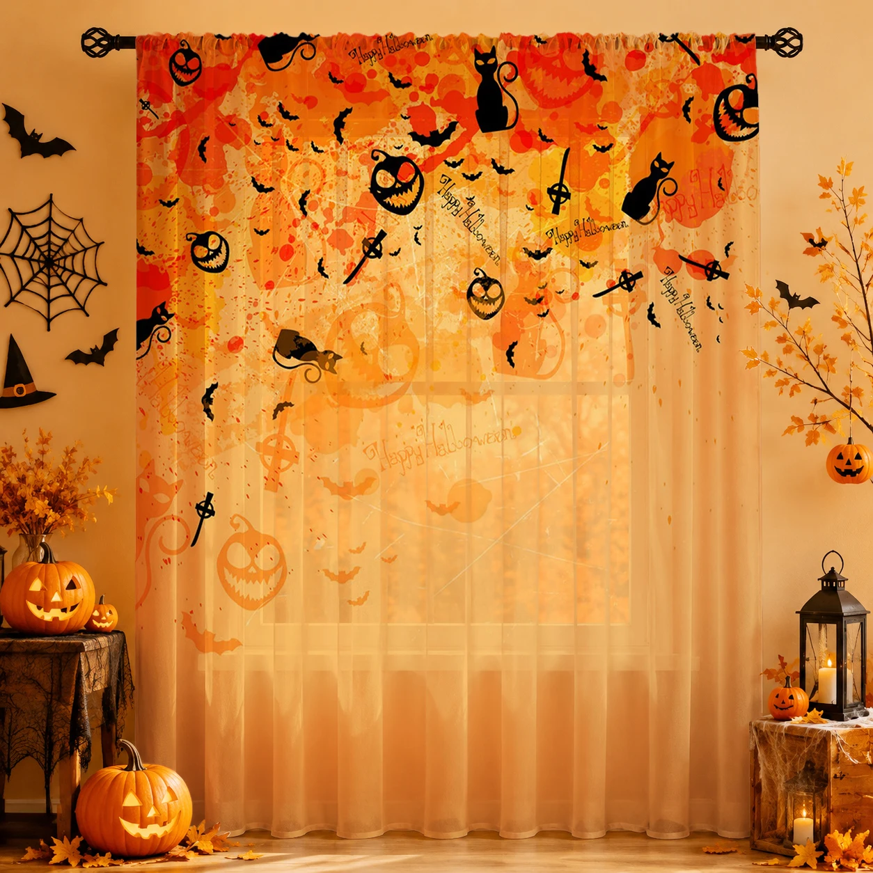 1Pc Spooky Halloween Sheer Cur - Curtain Rods ulasan dan harga